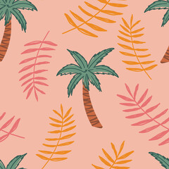 Tropical seamless pattern for apparel design, wallpaper, kids clothes. Palm trees with leaves background. Hawaiian seamless pattern. - 451346480