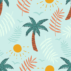 Fototapeta na wymiar Tropical seamless pattern for apparel design, wallpaper, kids clothes. Palm trees with leaves background. Hawaiian seamless pattern.