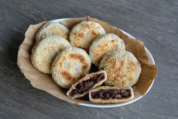 Homemade Chinese pastry snacks. Glutinous Red Bean Sesame Seed Cake. Made from glutinous rice...