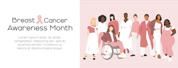 Breast cancer awareness month concept.  Card with place for text. Women of different ethnicities stand side by side together. Flat vector illustration.