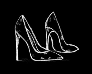 women's high-heeled shoes painted in white on a black background