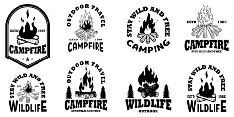 Obraz premium Set of emblem template with campfire. Design element for greeting card, t shirt, poster. Vector illustration