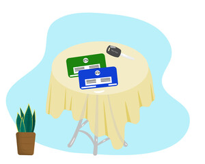 Car registration book in blue and green color with new key on the table for document to buy new car.vector illustration 