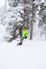 man snowboarder at winter forest