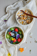 Homemade delicious snack. Granola Bowl & fruit Bowl. Healthy boost of natural multi vitamins, minerals and dietary fiber.