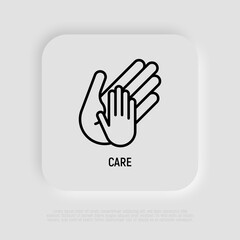 Fototapeta premium Hand of adult holds child's hand thin line icon. Modern vector illustration, care sign.