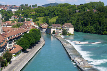 Fototapeta na wymiar River Aare at City of Bern on a beautiful summer afternooni. Photo taken July 29th, 2021, Bern, Switzerland.