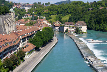 Fototapeta na wymiar River Aare at City of Bern on a beautiful summer afternooni. Photo taken July 29th, 2021, Bern, Switzerland.