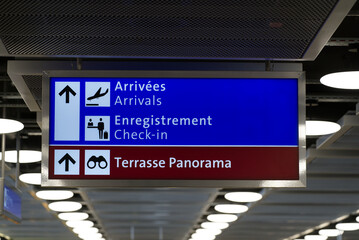 Airport information sign at Geneva airport. Photo taken July 29th, 2021, Geneva, Switzerland.