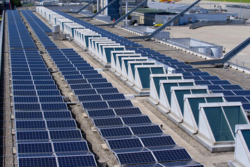 Roof of terminal building at Geneva Airport with solar panels. Photo taken July 29th, 2021, Geneva,...