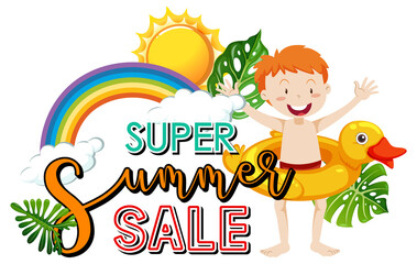 Super Summer Sale logo banner with a boy cartoon character