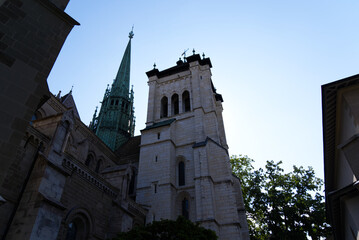 Fototapeta na wymiar Protestant cathedral of St. Peter at the old town of Geneva on a sunny summer morning. Photo taken July 29th, 2021, Geneva, Switzerland.