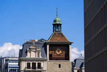 Medieval clock tower at the old town of Geneva on a sunny summer morning. Photo taken July 29th,...