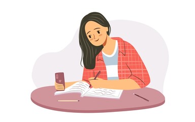 Student girl with notebook studying. Young woman is making selfie while studying at home. Hand drawn flat illustration.