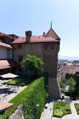 Fototapeta na wymiar Terrace of the Historical Museum Lausanne on a sunny summer afternoon. Photo taken July 29th, 2021, Lausanne, Switzerland.