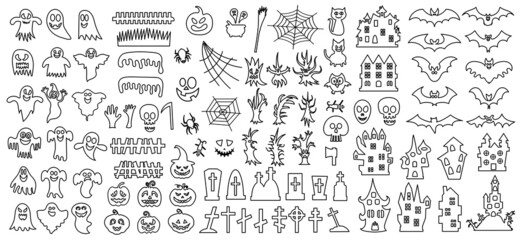 Set of silhouettes of Halloween on a white background. Vector illustration.