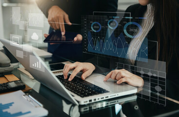 Business meeting  account managers crew working search page on computer with new startup project....