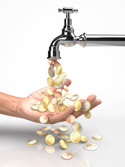 Geld sprudelt aus silbernem Wasserhahn und f&auml;llt auf M&auml;nnerhand