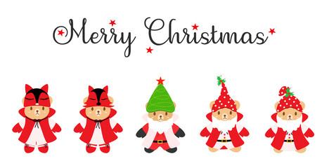 Fototapeta na wymiar Vector - Set cute Teddy bear with different hat (Tree, fox) and Santa Claus cloth. Merry Christmas. Clip art. Holiday.