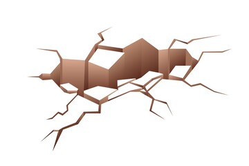 Ground crack with hole and fissure lines after earthquake. Broken earth surface with slits. 3d fractures and hollow in dry damaged land. Flat vector illustration isolated on white background