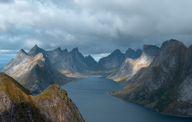 mountains, sea and fjord from Reinebringen mountain Lofoten Islands, Norway,