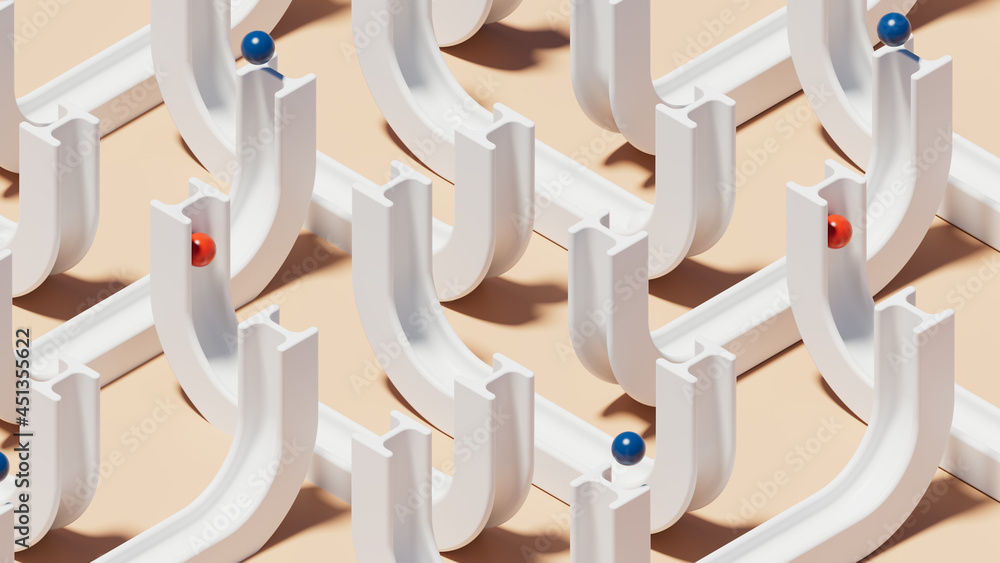 Poster 3d render of balls rolling inside the pathway. an abstract mix of different ways. simple minimal con