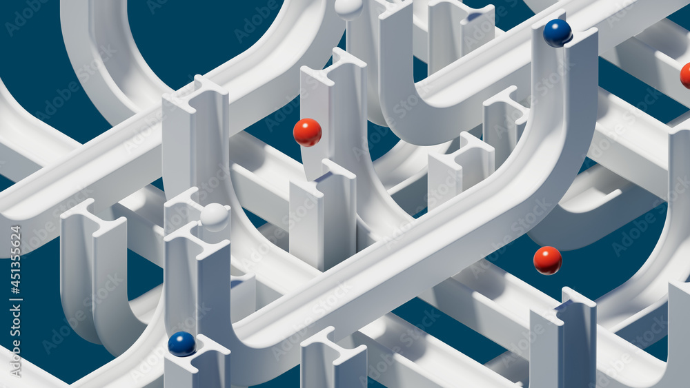 Poster 3d render of balls rolling inside the pathway. an abstract mix of different white ways. simple minim