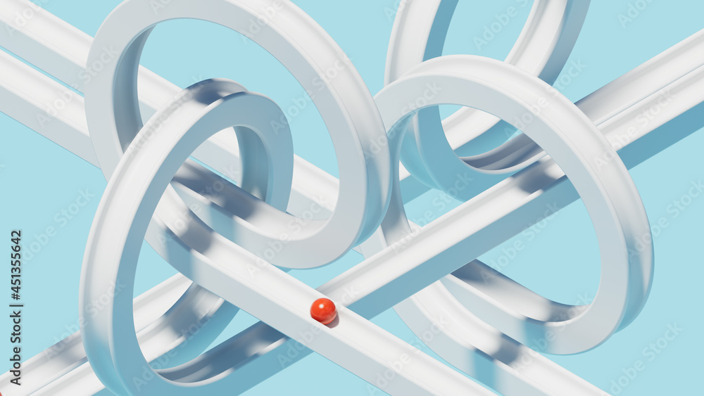 Poster 3d render of balls rolling inside the pathway. an abstract mix of different ways. simple minimal con