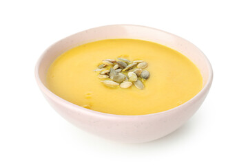 Plate of pumpkin soup isolated on white background