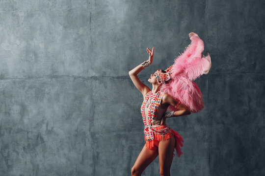 Woman in samba or lambada costume with pink feathers plumage.