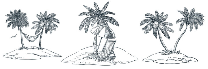Tropical islands with palm trees, hammock, parasol and chaise longue. Vector hand drawn sketch landscape illustration