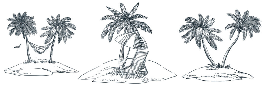Tropical islands with palm trees, hammock, parasol and chaise longue. Vector hand drawn sketch landscape illustration