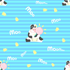  Seamless pattern cute cow on  blue line background.