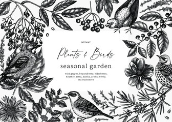 Trendy colored autumn banner design. Elegant botanical template with autumn leaves, berries, flowers sketches. Perfect for invitation, cards, flyers, menu, label, packaging. Vintage backgroud