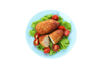 Plate with tasty сutlets isolated on white background