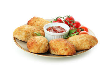 Plate with сutlets, tomatoes and sauce isolated on white background
