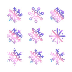 Hand drawn doodle snowflakes icons set on white background. New year and winter simple symbol, cute rainbow gradient snowflake for print, web, design, decoration, logo or mobile app