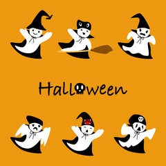 Vector - Collection of White ghost on difference face with word 