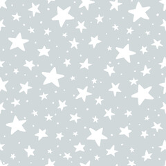 Vector Doodle Star Silver Seamless Pattern. Cute kid sketch hand drawn stars print on gray background. Sky and space texture for print, wrapping paper, design, fabric, decor, gift, backgrounds