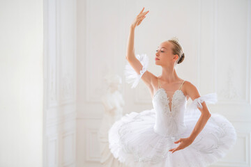 Portrait of young slender ballerina in a white tutu in elegant pose in large beautiful white hall.