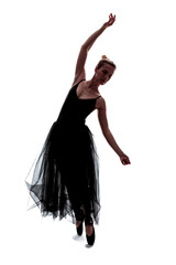 Dancing Female in Body Suit and Light Black Dress Posing in Dance in Various Poses Against White Background.