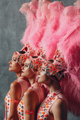 Three Women profile portrait in samba or lambada costume with pink feathers plumage.