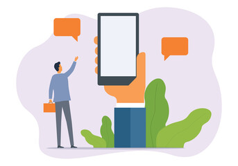 Flat illustration businessman with mobile phone. People remote working and communication online with smartphone by social media application concept 