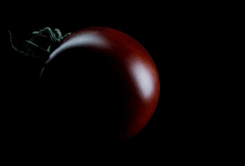 Black tomato on a black background. Cherry tomato is cumato on a black background.