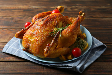 Thanksgiving Day roast turkey on wooden background