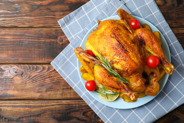 Thanksgiving Day roast turkey on wooden background