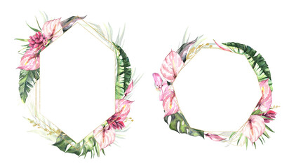 Watercolor summer invitations frames with hand painted tropical dried palm leaves, branches of green leaves. Romantic floral bouquet perfect for wedding greeting cards, invitation and more. High