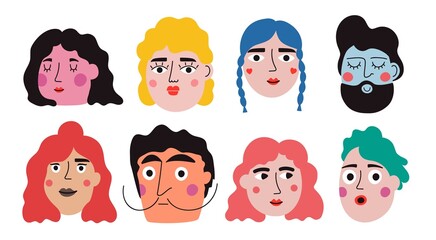 Vector set with men and women heads. Funny print design collection with people