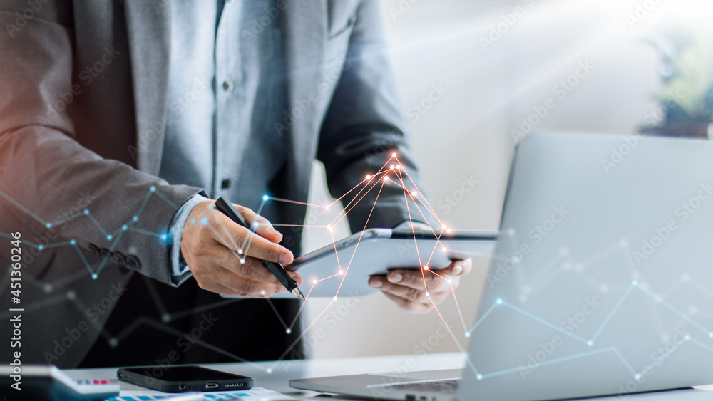 Poster Businessman using tablet and device on global network connection for business, Innovative and data exchanges, Digital Marketing communication and financial technology, Media and creativity.