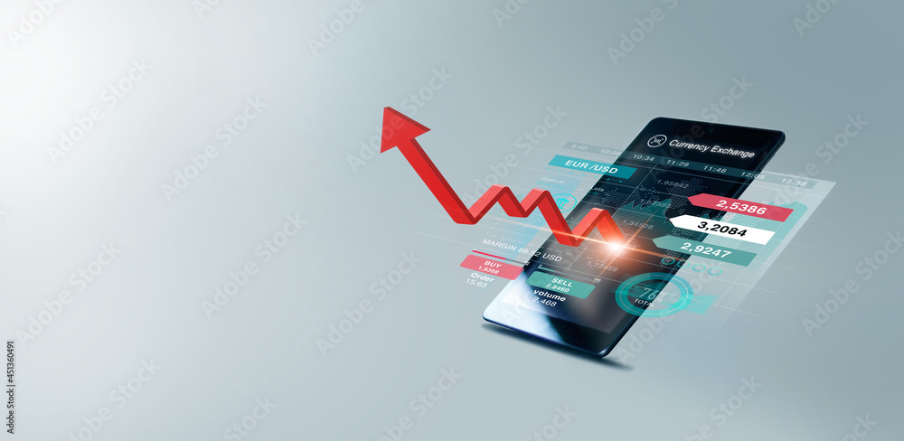 Poster Growth graph profit in foreign currency exchange trading on smartphone interface platform. Online financial technology develop smart analysis tools in business return on investment and banking.